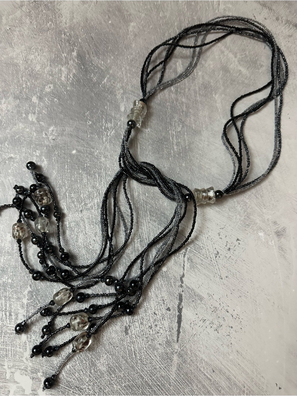 Black Multi-Strand Beaded Tassel Necklace or Belt